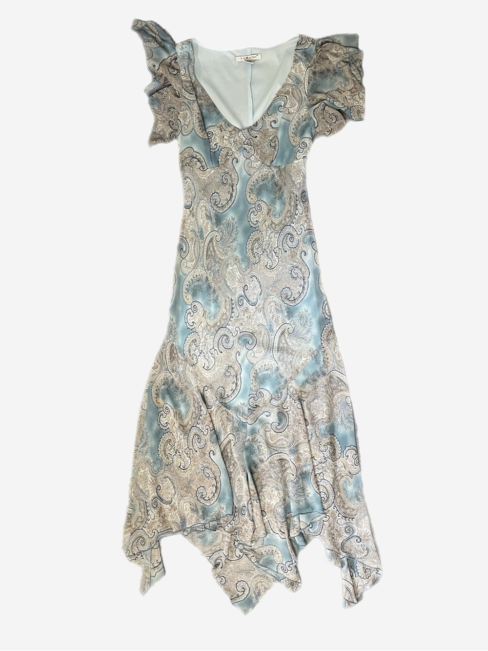 Vintage Y2K La Belle Blue paisley flutter sleeve asymmetric dress whimsical S - Picture 7 of 10